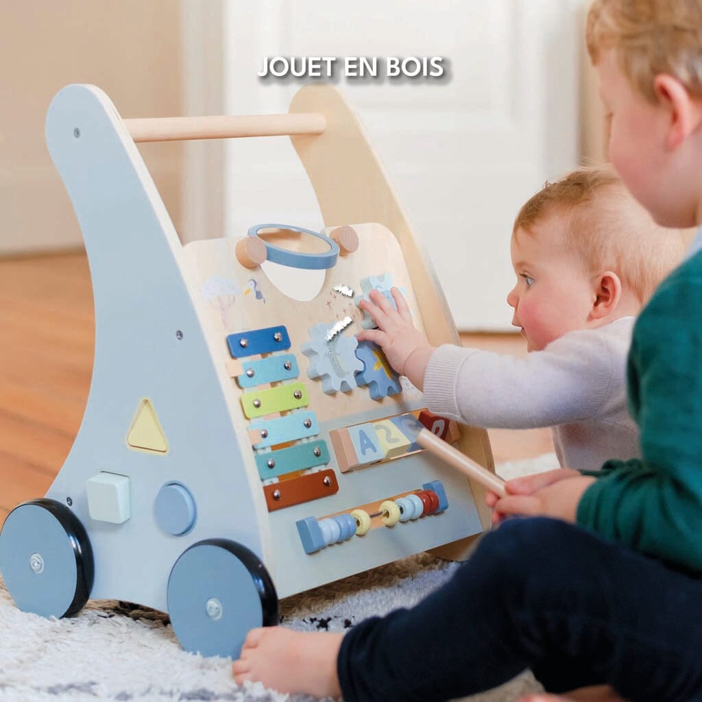 Jouet en bois Chariot multi-activités et Chariot de d'apprentissage à la marche bleu Looping baby