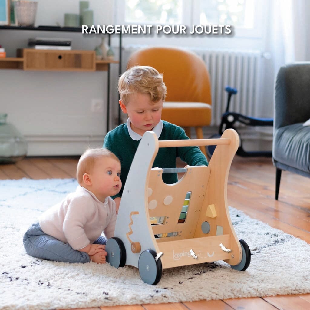 Jouet bois Chariot multi-activités et Chariot de d'apprentissage à la marche bleu Looping baby 